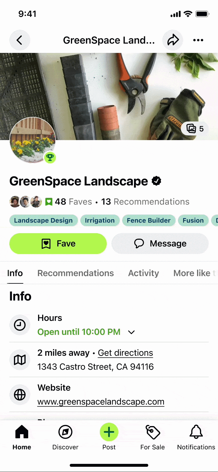 The redesigned business page, with AI-generated recommendation summaries and a sticky nav