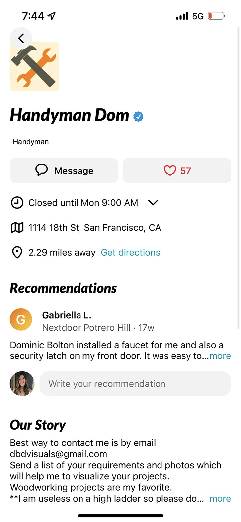 A legacy Nextdoor business page for a handyman service