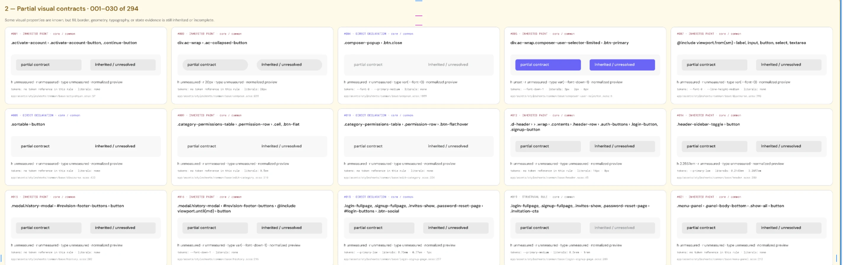 A sample of the partial button contracts: rows of records whose fill, geometry and type are marked inherited or unresolved